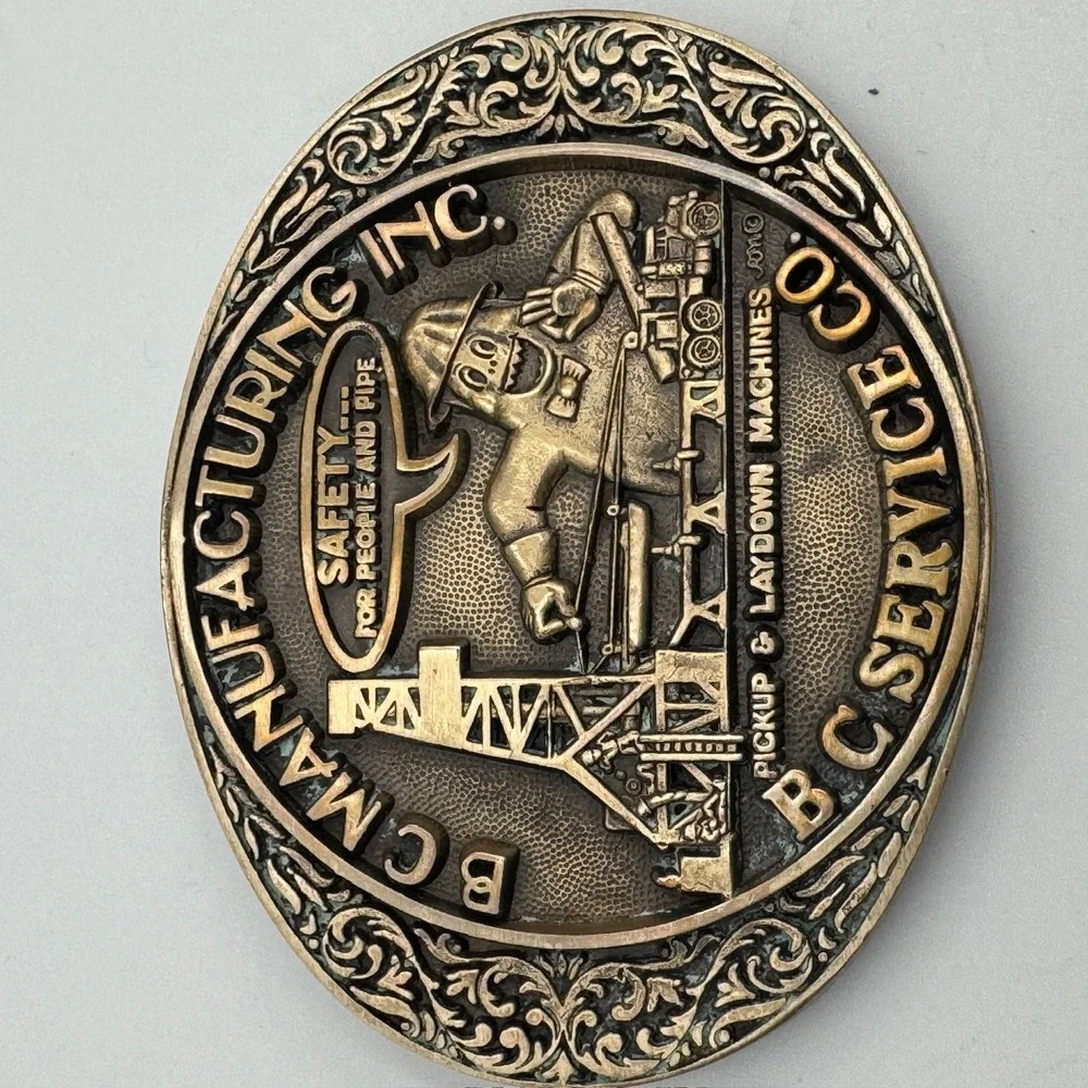 Vintage BC Manufacturing Inc Solid Brass Belt Buckle Award Design Medals Oil Gas